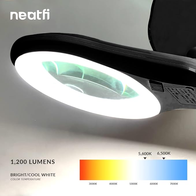 Neatfi LED Magnifying Floor Lamp – 1,200 Lumens, 5” Bifocal Lens with 5 & 20 Diopter, Dimmable, Adjustable Arm, Rolling Base, Floor Lamp for Reading, Sewing, Crafting (5 Inches, Black)