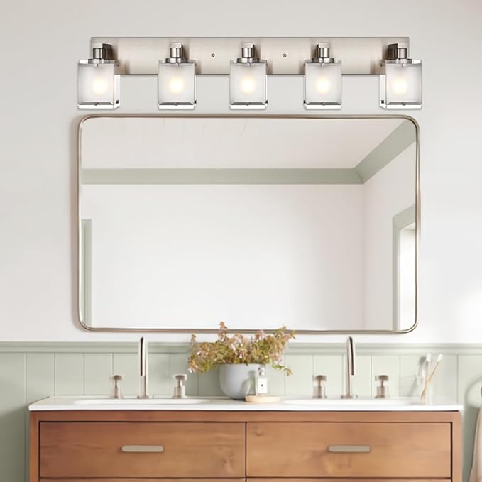 WINSHEN 5-Lights Bathroom Vanity Light Fixtures, Modern Brushed Nickel Wall Sconce Lighting with Rectangular Frosted Glass Shades, E26 Bulb Base