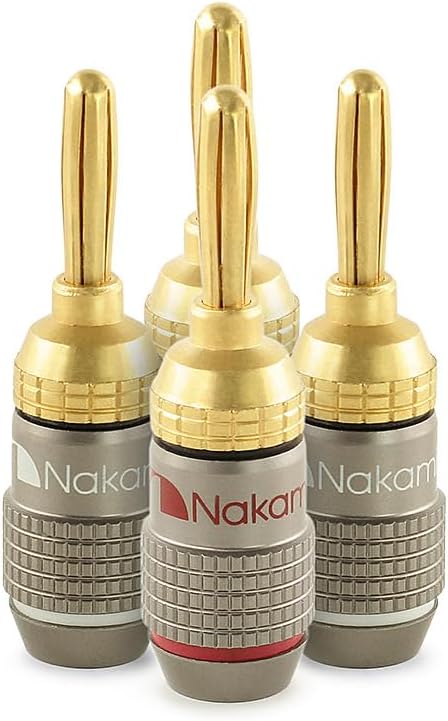 Nakamichi FanLock Excel Series 24k Gold Plated Banana Plugs 10 AWG - 18 AWG Gauge Size 4mm for Speakers Amplifier Hi-Fi Stereo Home Theatre Radio Audio Wire Cable Quick Connector, 4 Pcs (2-Pairs)