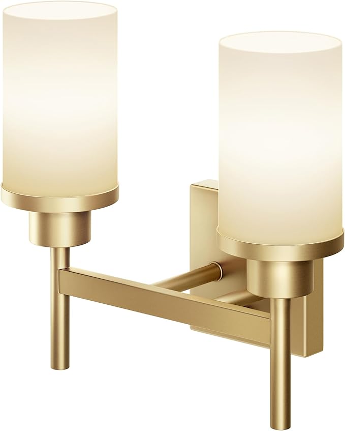 AONEON Vanity Lighting Fixtures with White Frosted Glass Shade, Double Wall Lamps for Bathroom Mirror Bedroom Living Room Washroom Porch, Gold T001GD-L2