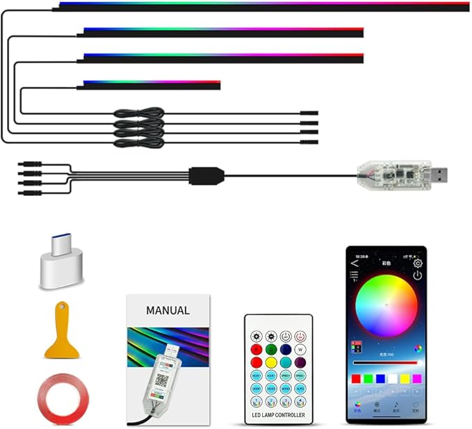 Ambient Lighting Car Led Lights Interior with APP, USB Powered Acrylic Neon Flexible Strip Fiber Optic LED Ambient Lighting kit,4 in 1 RGB Sound Active Music Lights Sync Car Decorations