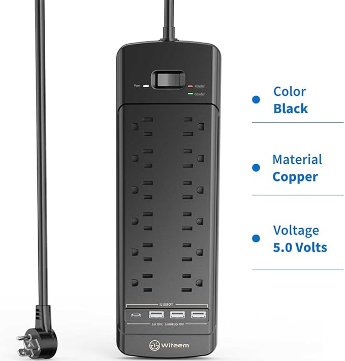 Witeem Surge Protector Power Strip - 12 Outlets,3 USB+USB-C 3.4A Ports, 6Ft Extension Cord, 1875W/15A, 4360Joules, Overload Protection - Ideal for Home & Office Use (Black-USBC)