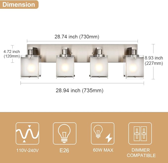 WINSHEN 4-Lights Bathroom Light Fixtures Over Mirror, Brushed Nickel Vanity Wall Mounted Lighting with Frosted Glass for Kitchen Living Room, E26 Bulb Base