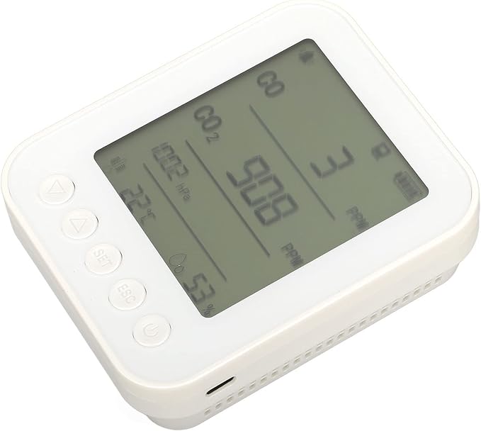 Torvex CO2 Monitor, Air Quality Meter with LCD Humidity Temperature Pressure Sensor, Indoor CO2 Detector 7 in 1 5V White Desktop Unit for Home Office Environment Monitoring