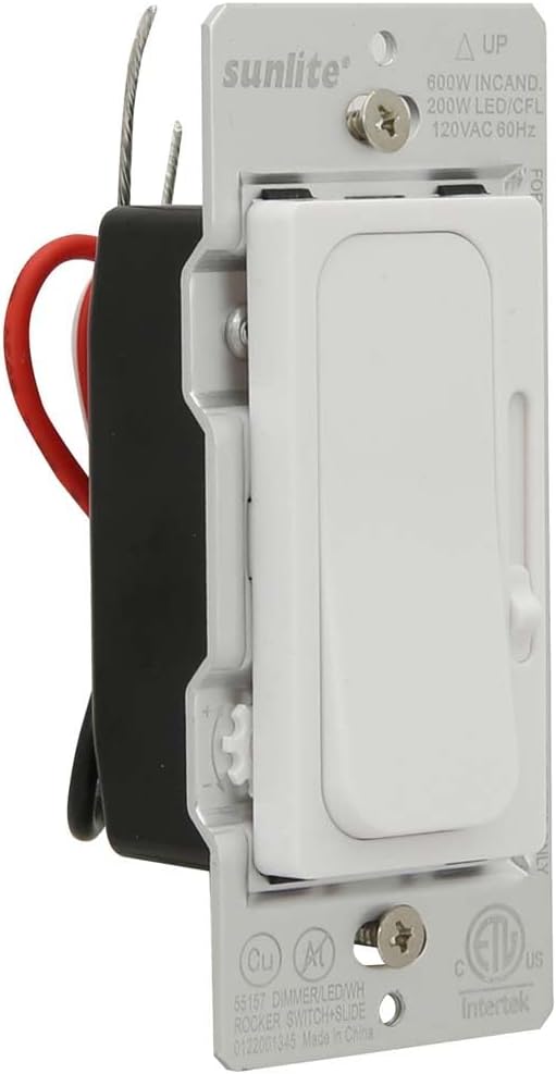 Sunlite LED Wall Rocker Style, Slide Bar Triac Dimmer Switch, Screwless Wall Plates Included, Single Pole or 3-Way Switching, 120 Volts, 200W Max for LED, 600W Max for Incandescent, White, 1 Pack
