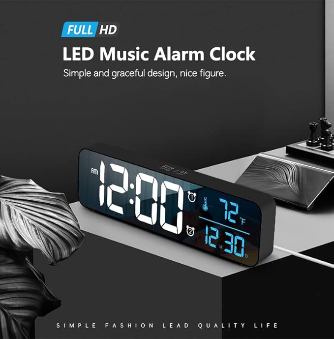 Abovsare Digital Clock for Bedroom, Clocks for Living Room Decor, Desk Table Clock, Alarm Clock Large Display with Date Week Temperature, Automatic Brightness Dimmer, Smart Cool Modern (Black Blue)