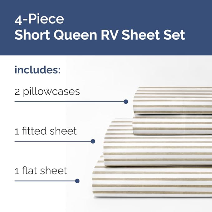 RV Short Queen Sheet Set 60 X 75 - 4 Piece RV Short Queen Bed Sheets - Soft, Breathable & Cooling - Designed for Bunks, Trailers & Campers - Fits 8” to 12" Mattress - Luxury Bedding - Beige Stripes 2