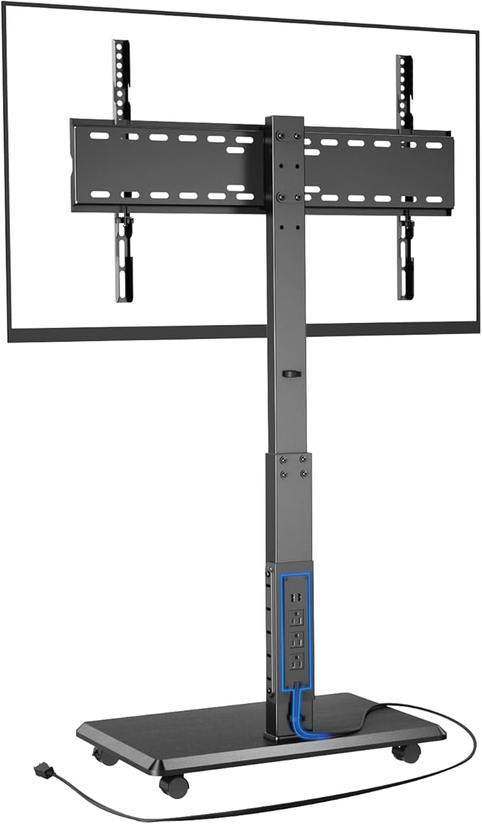 Afaloona Rolling TV Stand with Power Outlet, Mobile TV Stand for 32-75 Inch TVs up to 110 lbs, 30° Swivel TV Floor Stand, 18 Adjustable Heights, TV Cart on Wheels for Bedroom, Office, Outdoor, Black