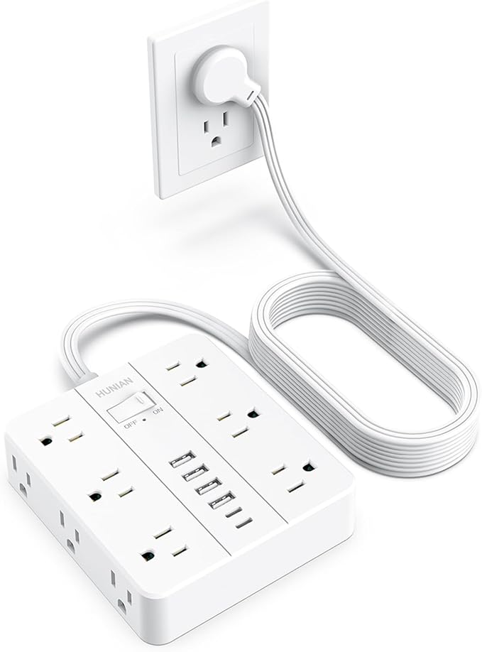 Surge Protector Power Strip 15 Ft Cord, HUNIAN Flat Plug Extension Cord with 12 Widely Spaced Outlets 6 USB Charger (2 USB C Ports), Desk Charging Station for Home Office Supplies, Dorm Room, White