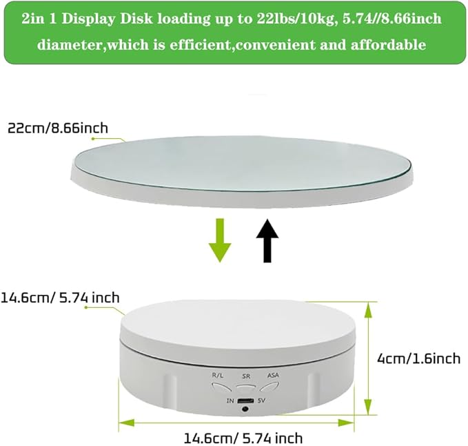 JAYEGT 3 in 1 Rotating Display Stand with 5.74/7.08/8.66 inch Replacement Mirror Cover，22lbs Load , 360 Degree Electronic Turntable for Photography Products Display (Mirror/3 in1 / White/ NO Remote)