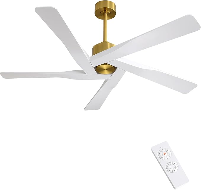 WINGBO 64" ABS DC Ceiling Fan No Light, 5 Blade ABS Plastic Ceiling Fan with Remote, 6-Speed Reversible DC Motor, Ceiling Fans without Light for Kitchen Bedroom Living Room, Brass and White