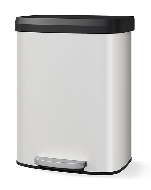 Garvee 16 gal / 60 L Metal Trash Can with Lid, Large Garbage Can for Kitchen, Rustproof Step-on Kitchen Metal Trash Bin with Liner Rim, Rear Handle, Soft Close Plastic Lid, White