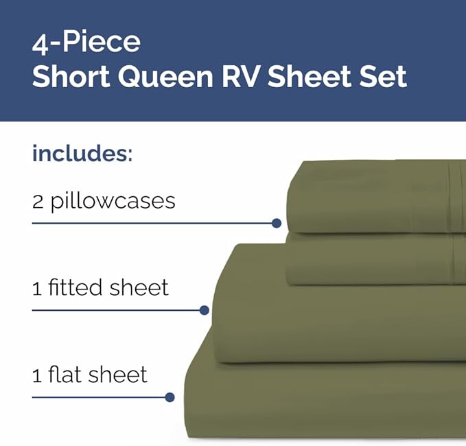 RV Short Queen Sheet Set 60 X 75 - 4 Piece RV Short Queen Bed Sheets - Soft, Breathable & Cooling - Designed for Bunks, Trailers & Campers - Fits 8” to 12" Mattress - Hotel Luxury Bedding - Sage Green
