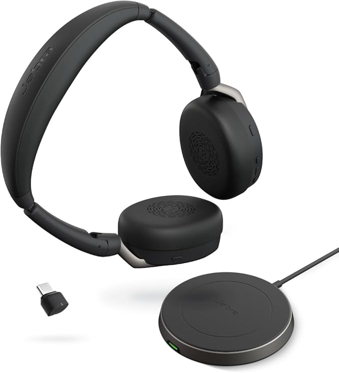 Jabra Evolve2 65 Flex Stereo Headset with Bluetooth, Wireless Charging Pad - Noise-Cancelling ClearVoice Technology & Hybrid Active Noise Cancellation - Certified for Microsoft Teams - Black