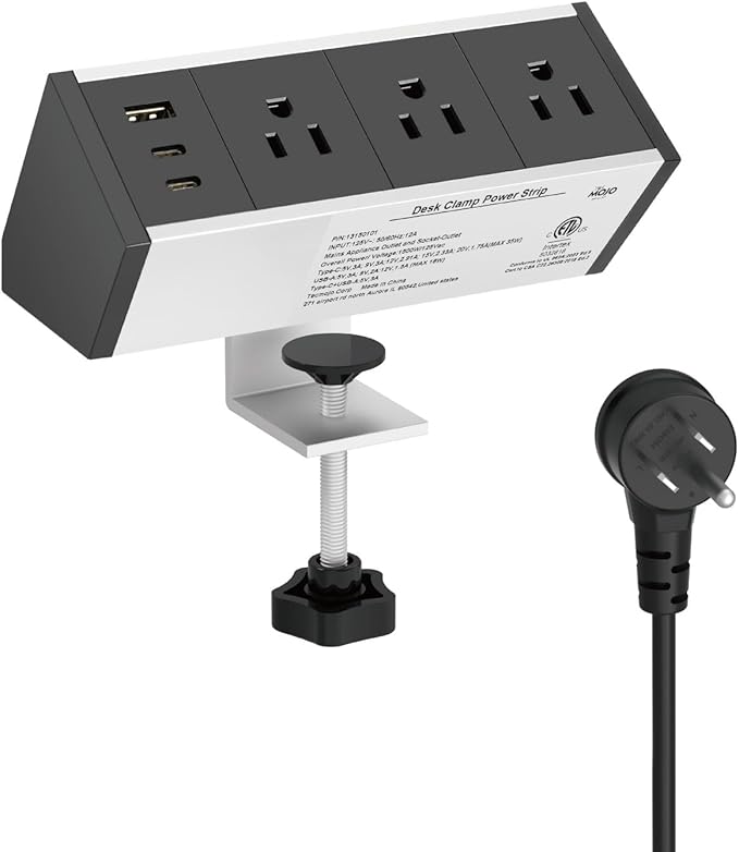 Tecmojo Desk Clamp Power Strip 3 Outlet with 1 USB A and 2 USB C Ports, 6 ft Cord, Desk Outlet Station Fit 1.6" Tabletop Edge,ETL Listed,Black