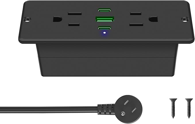 CCCEI Recessed Power Strip with Outlet and 45W USB C Ports, Furniture Flush Mount Power Strip, Small Desk Hidden Outlet for Conference Table, Nightstand, Black, 6FT.