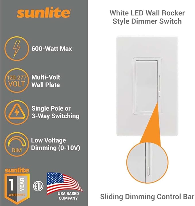 Sunlite LED Wall Rocker Style, Slide Bar Triac Dimmer Switch, Screwless Wall Plates Included, Single Pole or 3-Way Switching, 120 Volts, 200W Max for LED, 600W Max for Incandescent, White, 1 Pack