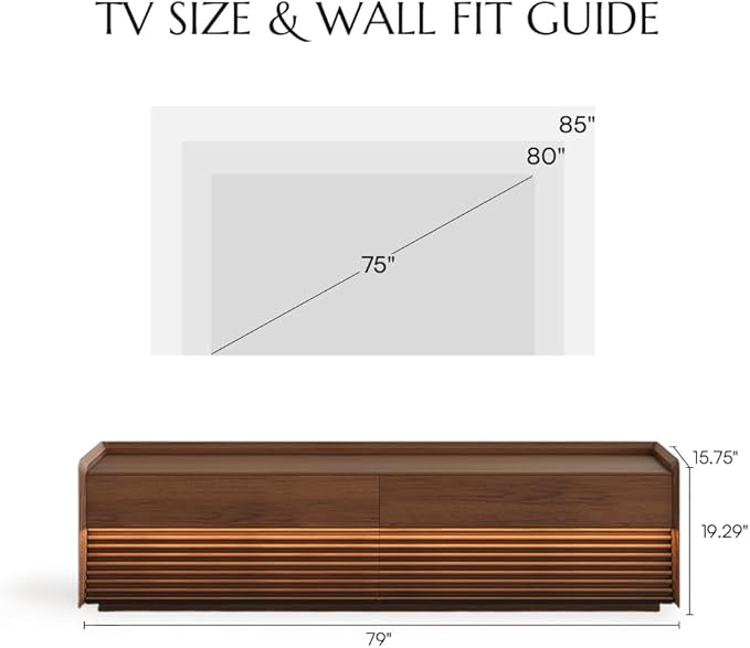 POVISON Fully-Assembled Mid Century Matte Sintered Stone TV Stand, 78.74" Wood Media Console with Adjustable LED Light, Entertainment Center with Storage for Living Room
