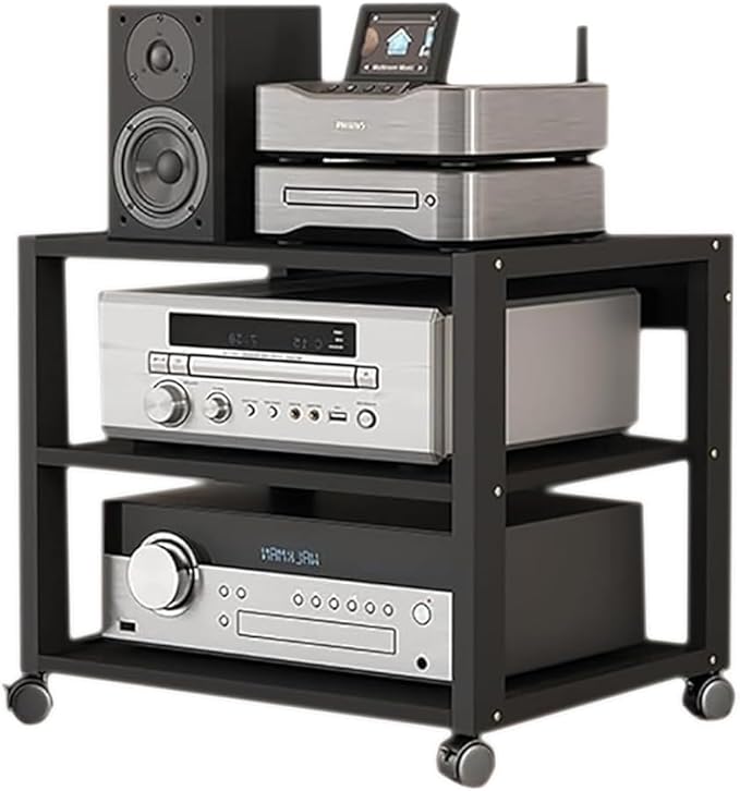 Dernoing 3 Tier Audio Rack Tower, CD Record Player Stereo Receiver AV Equipment Cabinet Display Rack, Weight Capacity 661 lbs, with Adjustable Wooden Shelves for Home (3 Tier Black)