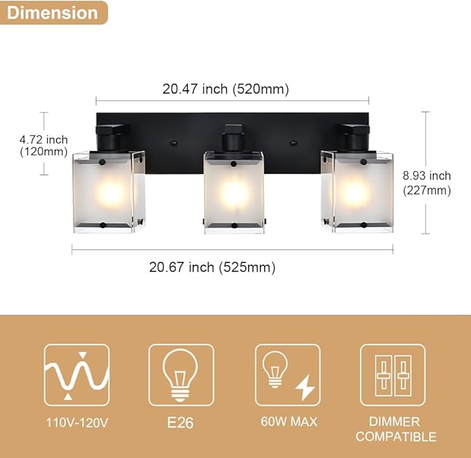 WINSHEN 3-Lights Bathroom Light Fixture Over Mirror, Modern Black Wall Sconce Vanity Lighting Fixtures with Rectangular Frosted Glass Shade for Bathroom Kitchen Bedroom, E26 Bulb Base