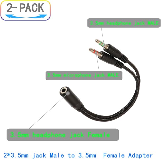 ZJKJHJY 3.5mm Audio Y Splitter Cable, Headphone and Microphone Adapter, 200mm Braided Cable, 2-Pack, Black