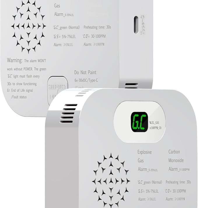 RV Carbon Monoxide Detector & Propane/Natural Gas Detectors, 10-Year Lifespan, 3-in-1 Gas Alarm for Camper, Home, Voice Alert with LCD Display, USB-C & 12V DC Powered, Compact Design