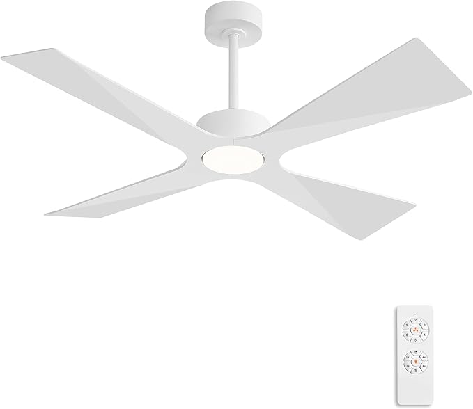 WINGBO 54" Wet Rated Outdoor Ceiling Fan with Lights, 4 ABS Plastic Blades, Reversible DC Motor, 6-Speed Remote Control, 3 CCT, Waterproof Ceiling Fan for Patio Porch Gazebo Garage, Gloss White