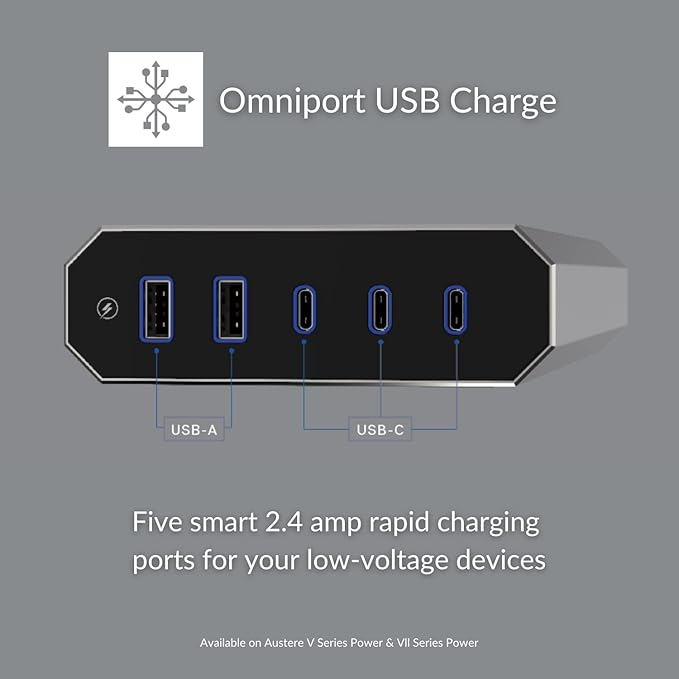 Austere V Series Surge Protector Power Strip, 6 Wide Outlet, 3 USB C & 2 USB A 2.4 amp Ports | 3000 Joules Heavy Duty, EMI/RFI Filtering, 5 Year Component Guarantee