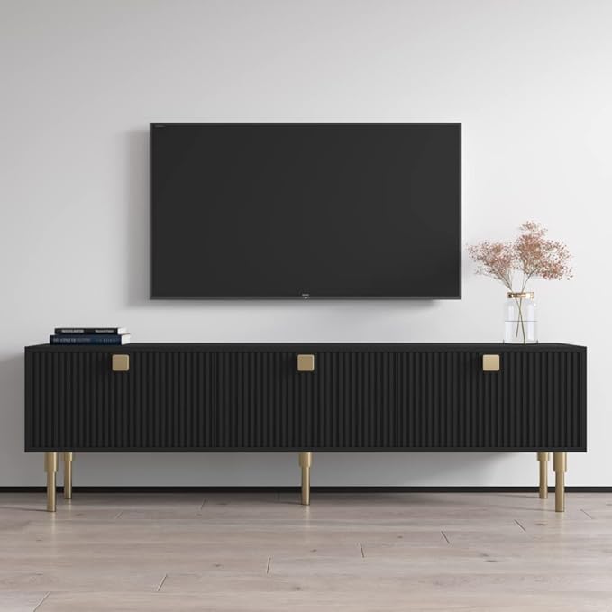 Meble Furniture Dorset 01 TV Stand - Modern Rectangular TV Stand with Storage Cabinets - Media Entertainment Center Console Table for TV Up to 80" - Black