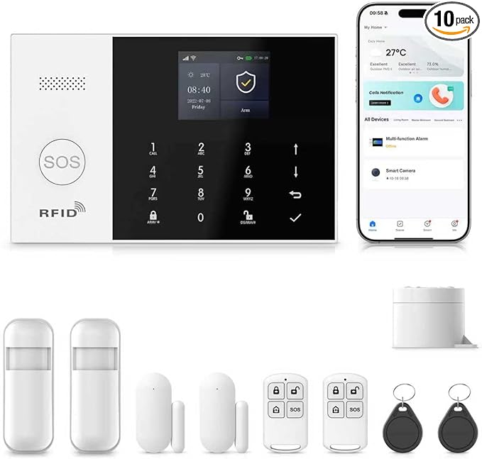 Alarm System for Home Security,10Pcs WiFi/4G Apartment Alarm System with Instant App Alerts,for Smart Life or Tuya,Auto Alarm Dial,Door/Window Sensors,Compatible with Alexa,NO Monthly Fees