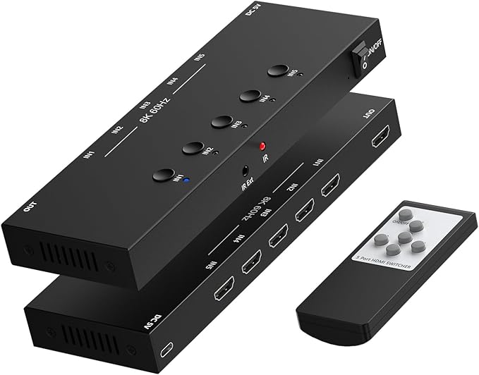 8K@60Hz HDMI 2.1 Switch 5 in 1 Out, 48Gbps Ultra HD 4K 120Hz, HDR10/Dolby Vision, 3D, Supports DTS-HD, Dolby TrueHD Compatible with PS5/4 Xbox Nintendo Switch Roku Apple TV Fire Stick Gaming PC