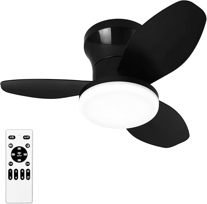 Glowall Small Ceiling Fan with Lights, 25" Flush Mount with Remote Control, Reversible Quiet DC Motor, Black, 3 Blades, 6 Speeds, Dimmable LED, Adjustable Color Temperature, Timer