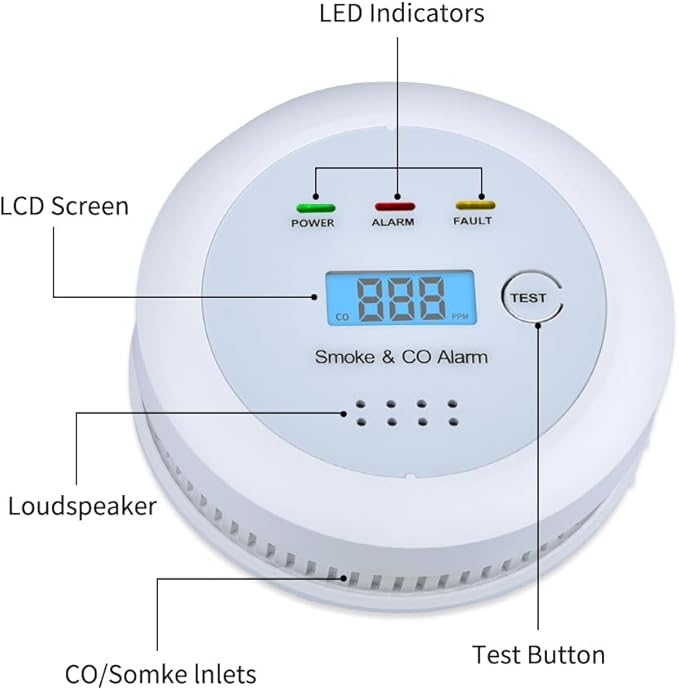 2 in1 Smoke Detector Carbon Monoxide Detector Combo,with LCD Digital Display and Sound Warning Test Button，Battery Powered，Easy Installation, for Home, Bedroom, Kitchen (1PACK)