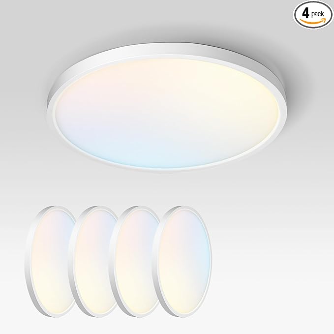 ASD LED 12" Round Flush Mount Ceiling Light Fixture, Low Profile Surface Lighting | 5CCT, Dimmable, Ultra-Thin, ETL Listed | 24W 1900LM 2700-6000K 120V | Kitchen, Bedroom, Hallway Lamp | White, 4 Pack