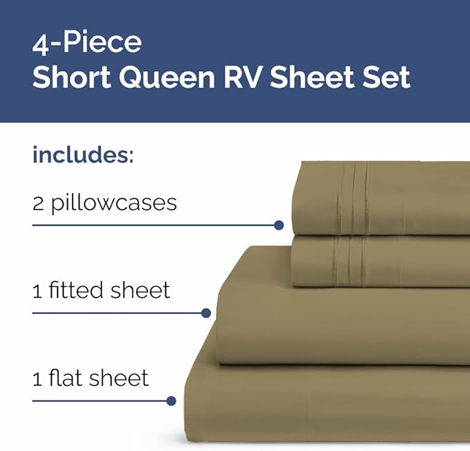 RV Short Queen Sheet Set 60 X 75 - 4 Piece RV Short Queen Bed Sheets - Soft, Breathable & Cooling - Designed for Bunks, Trailers and Campers - Fits 8” to 12" Mattress - Hotel Luxury Bedding - Khaki