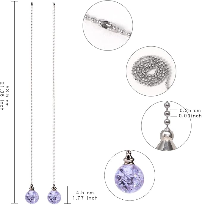 LONGSHENG - SINCE 2001 - 2PCS Purple Pull Chain Crystal Glass Ice Cracked Ball Pull Chain for Ceiling Fan Light Decoration 50cm Extension Chain