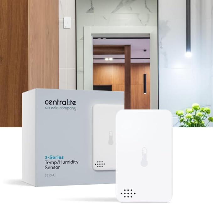 Centralite Zigbee Temperature & Humidity Sensor by Ezlo – Monitors Temperature and Humidity Levels Across Your Home – Ideal for Bedrooms, Living Rooms, and Nurseries. Works with Alexa and Zigbee Hubs