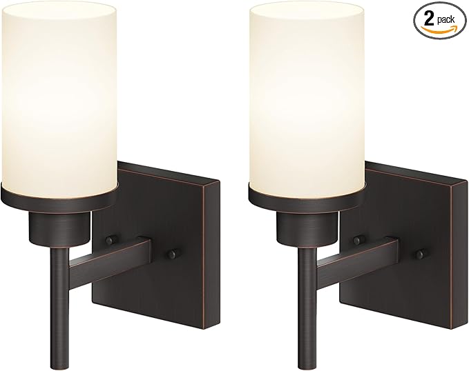 AONEON Wall Lights Over Mirror Bathroom Vanity Light Fixtures with White Frosted Glass Shade, Wall Sconces for Porch, 2 Pack Oil Rubbed Bronze T001ORB-L1-P2
