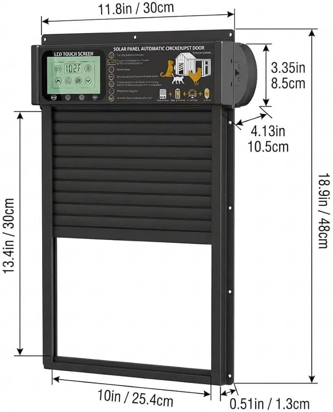XRDZYXGS Automatic Chicken Coop Door Opener, Space-Saving Roll-up Design, 11.8" x 18.9" Aluminum Alloy Poultry Door for Ducks Geese, Solar Panel with Built-in 6000mAh Battery, Support USB-A Power