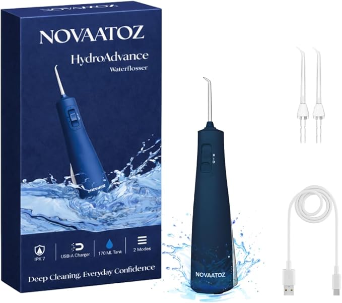 NOVAATOZ HydroAdvance Cordless Water Flosser for Teeth & Gums | Rechargeable Portable Oral Irrigator for Braces & Travel | Pulse Cleaning with 2 Flossing Tips | Waterproof Dental Care Device (Blue)