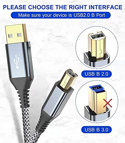 Printer Cable 10ft, USB 2.0 USB-A to USB-B Midi Cable High Speed Nylon Braided Cord for HP Canon Brother Dell Epson More Printers, Digital Piano, Midi Keyboard DJ Controller, Microphone, Mixer