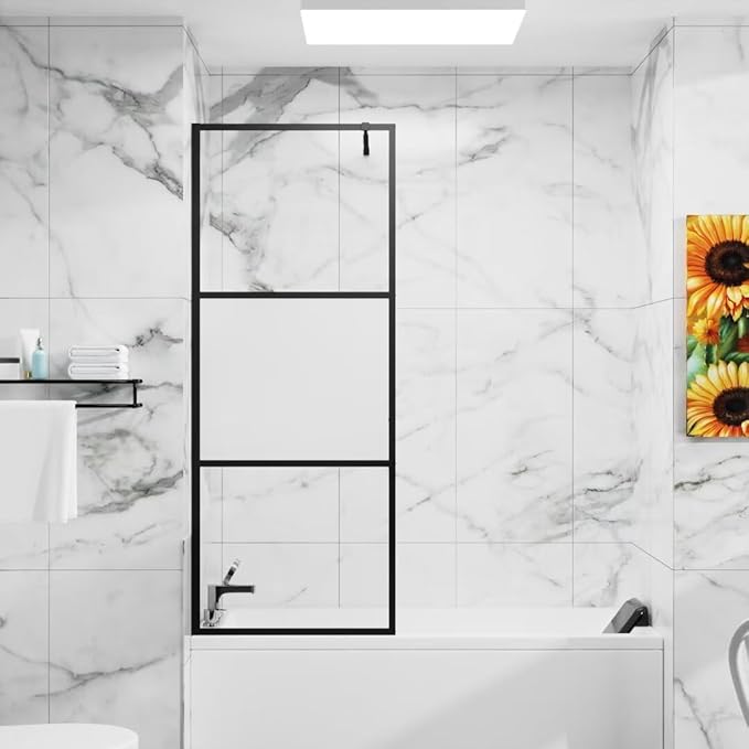 Goodyo Shower Door 34“ X 72” Fixed Frost Tempered Glass Shower Screen Panel for Walk-in Bathroom, Black Framed 3 Pieces Glass Door