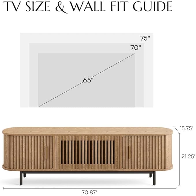 POVISON Fully-Assembled Mid Century Modern TV Stand for 70 inch TV, Sliding Door Entertainment Center with Storage, Wood TV Console, Media Console for Living Room Bedroom(Oak, 70.87")
