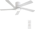 WINGBO 48 Inch Flush Mount DC Ceiling Fan with Lights and Remote, 5 Reversible Carved Wood Blades, 6-Speed Noiseless DC Motor, Hugger Ceiling Fan in White Finish, Low Profile Ceiling Fans, ETL Listed