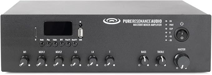 Pure Resonance Audio MA120BT 120W 7-Channel Bluetooth Mixer Amplifier with USB, TF, and Remote Control - XLR, 1/4 TS, RCA Inputs, 70V/100V/4-16 Ohm Output for Commercial Audio Systems