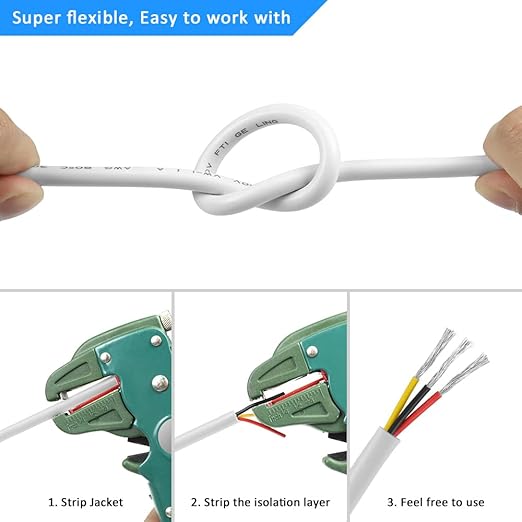 16 Gauge 3 Conductor Electrical Wire, 65.6FT White Stranded Low Voltage 16/3 PVC Case, 16 AWG Tinned Copper 3 Wire Extension Power for Strips LED Lamp Lighting