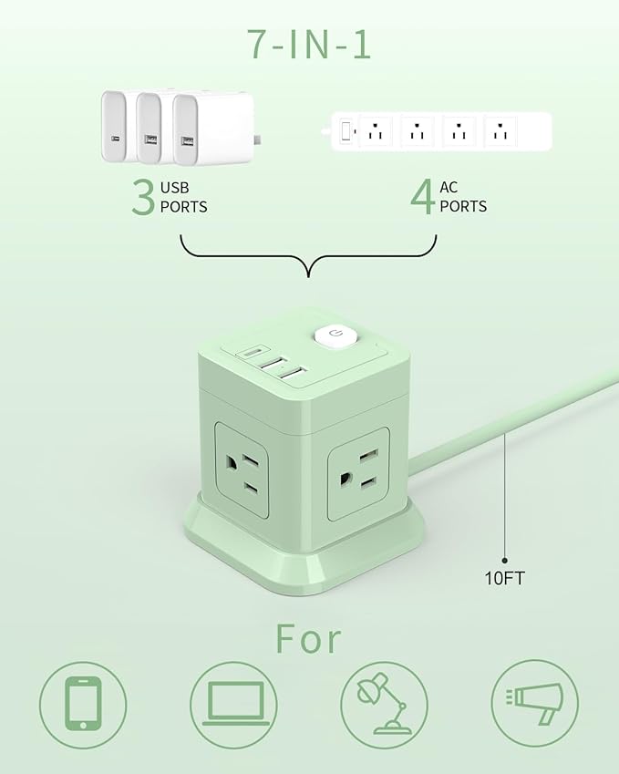 Cube Power Strip, FDTEK 4 Widely Spaced Outlet with 3 USB (1 USB C) Flat Plug Power Strips with Long Extension Cords Space Save Compact Portable for Travel Home Office Cruise - 10FT Green