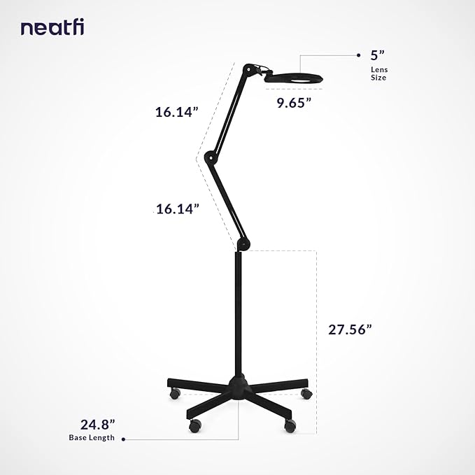 Neatfi LED Magnifying Floor Lamp – 1,200 Lumens, 5” Bifocal Lens with 5 & 20 Diopter, Dimmable, Adjustable Arm, Rolling Base, Floor Lamp for Reading, Sewing, Crafting (5 Inches, Black)
