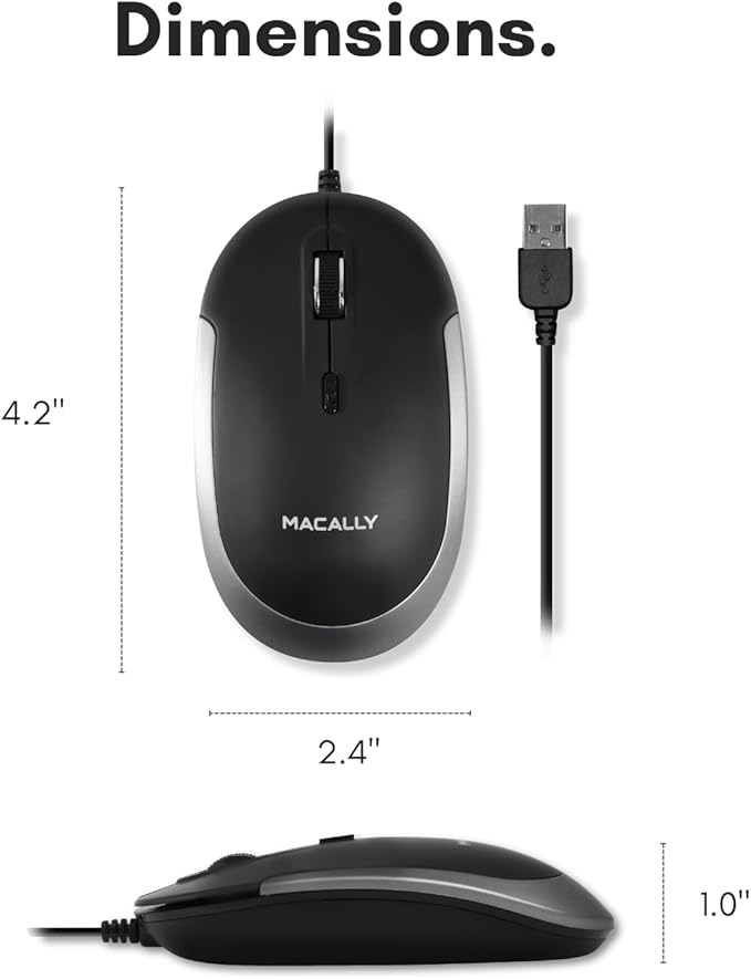 Macally Silent Wired Mouse - Slim & Compact USB Mouse for Apple Mac or Windows PC Laptop/Desktop - Designed with Optical Sensor & DPI Switch - Simple & Comfortable Wired Computer Mice (Space Gray)