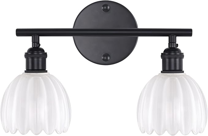 Shenmoyl Bathroom Light Fixtures, 2-Light Black Vanity Wall Light Over Mirror with White Tulip Glass Shade for Bedroom Living Room (Bulb Not Included)